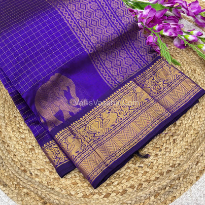 Pure Korvai Silk Cotton - Checks Pattern - Purple Shade  - VVKSC033