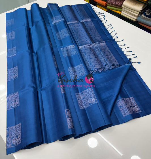 Pure Soft Silk Saree - Border Less - Peacock Blue Shade - VVPSS080