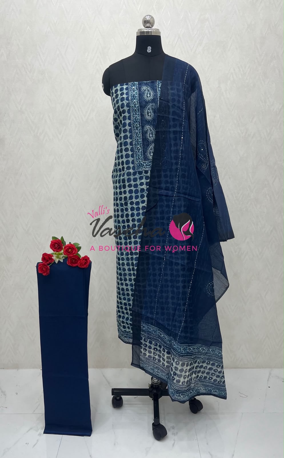 Unstitched Chandheri Mixed cotton Material |Indigo Blue Shade | VVUSM063