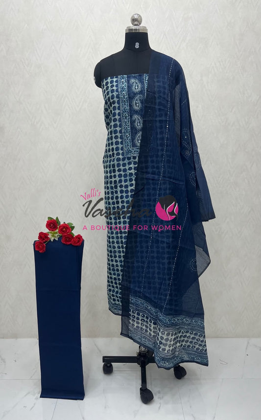 Unstitched Chandheri Mixed cotton Material |Indigo Blue Shade | VVUSM063