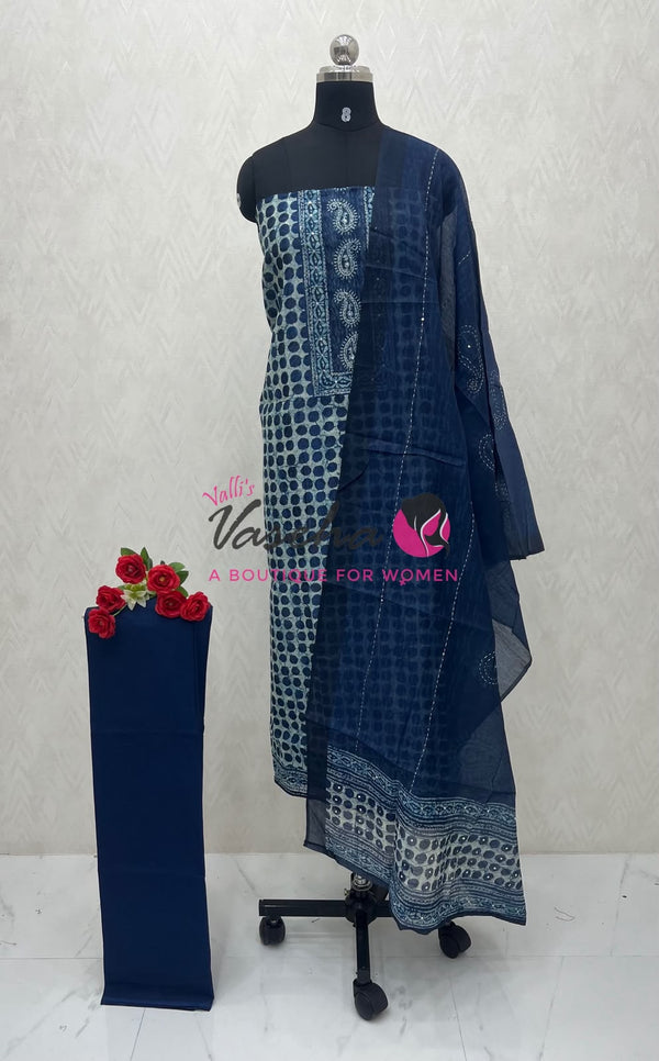 Unstitched Chandheri Mixed cotton Material |Indigo Blue Shade | VVUSM063