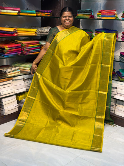 Pure Silk Cotton Saree - Yellow with Green - Lakshadeepam Design - VVPLD001