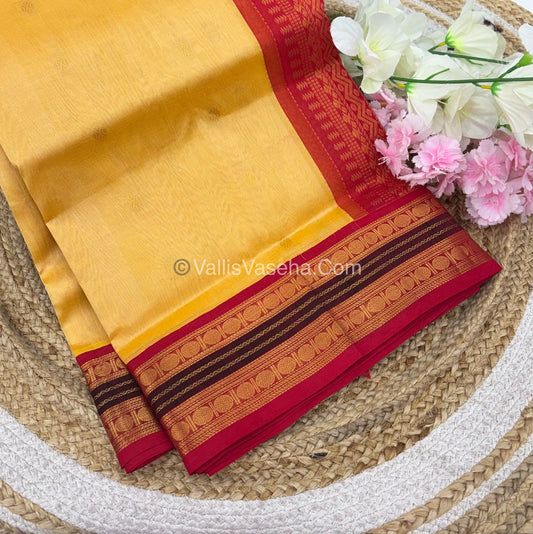 Pure Korvai Silk Cotton Saree - Yellow with Red - VVKSC004