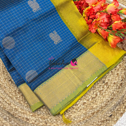 Pure Silk Cotton Saree - Mayil & Chakkaram Design - Ramar Blue With Yellow Shade  -VVMC002