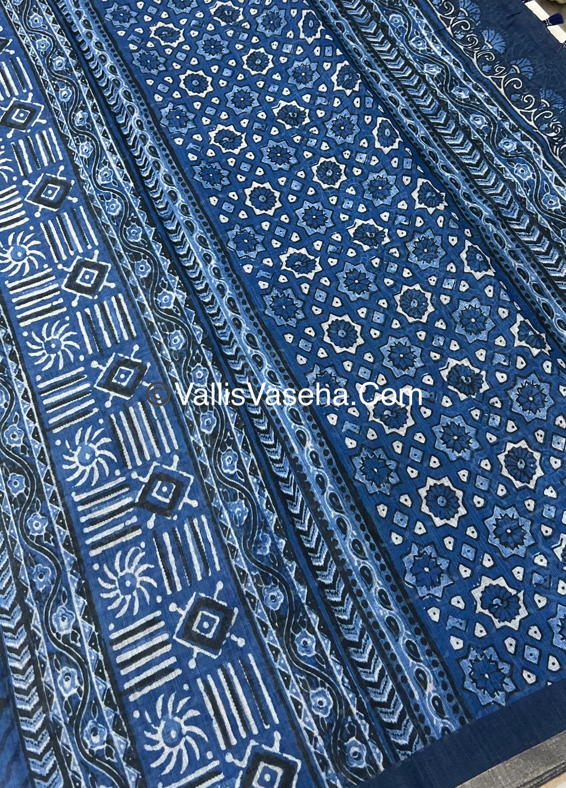 Linen Mixed Cotton Saree - Indigo Blue - Printed - VVLMP001
