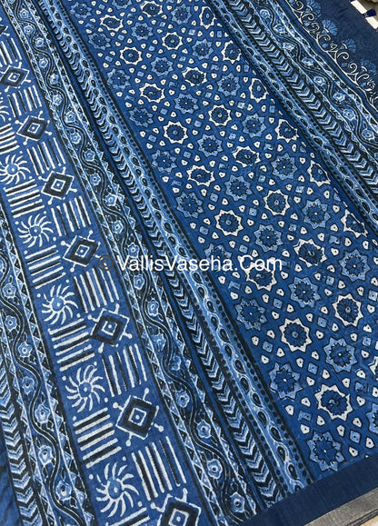 Linen Mixed Cotton Saree - Indigo Blue - Printed - VVLMP001