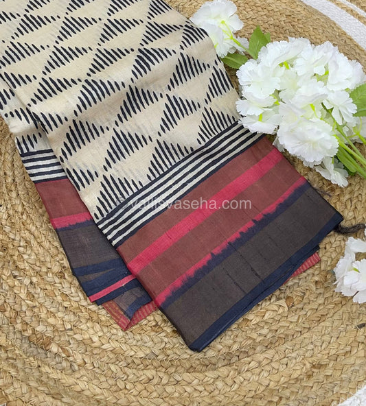 Pure Tussar Silk - Cream With Peach & Black Shade - VVPTS001
