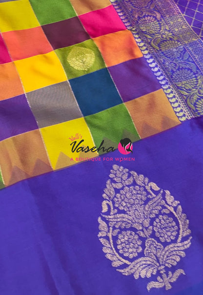 Semi Soft Silk  - Madras Checks Pattern -  Violetish Purple Shade  - VVSSS042