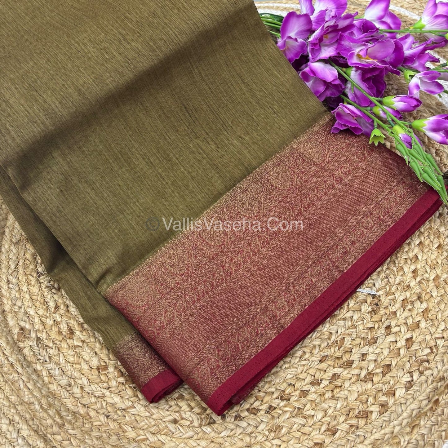 Bamboo Silk Saree -  chiku with Red Shade - VVBSS009