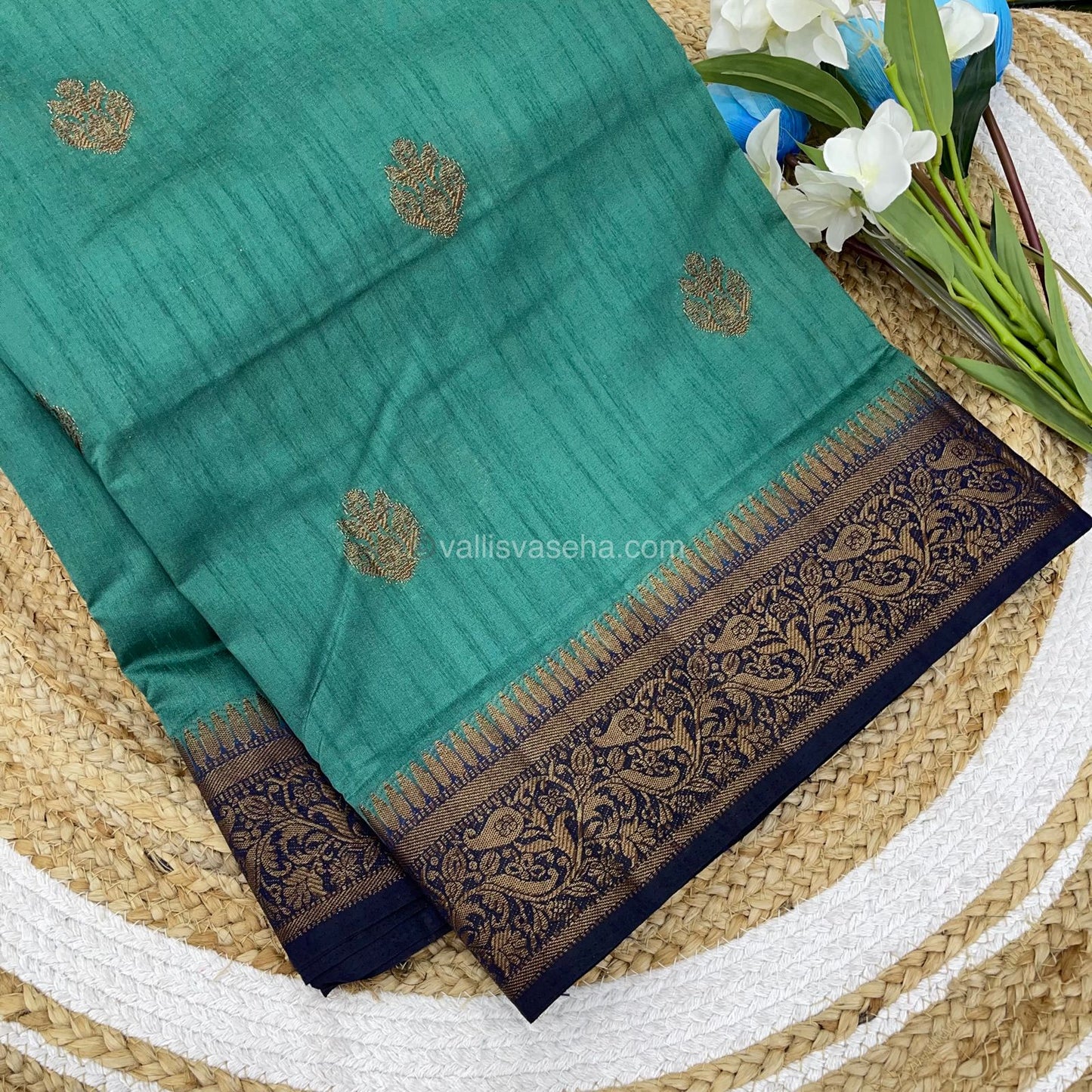 Bamboo Silk Saree - Dusty Green With Navy Blue Shade - VVBSS001