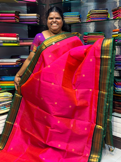 Pure Korvai Silk Cotton Saree -  Peachish Pink with Black & Green Combo - VVKSC004