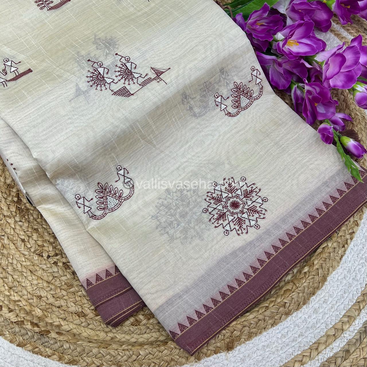 Semi Tussar Embroidery - Cream with Merun Combo - VVSTE001