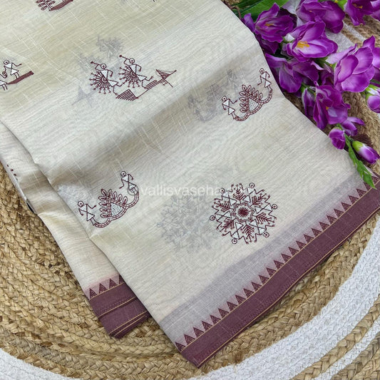 Semi Tussar Embroidery - Cream with Merun Combo - VVSTE001