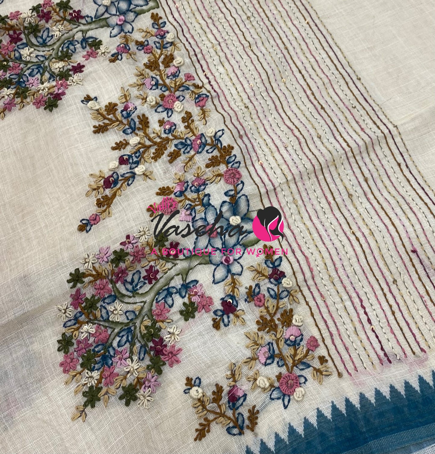 French Knot - Tissue Saree - Cream With Blue Shade - VVLFN022
