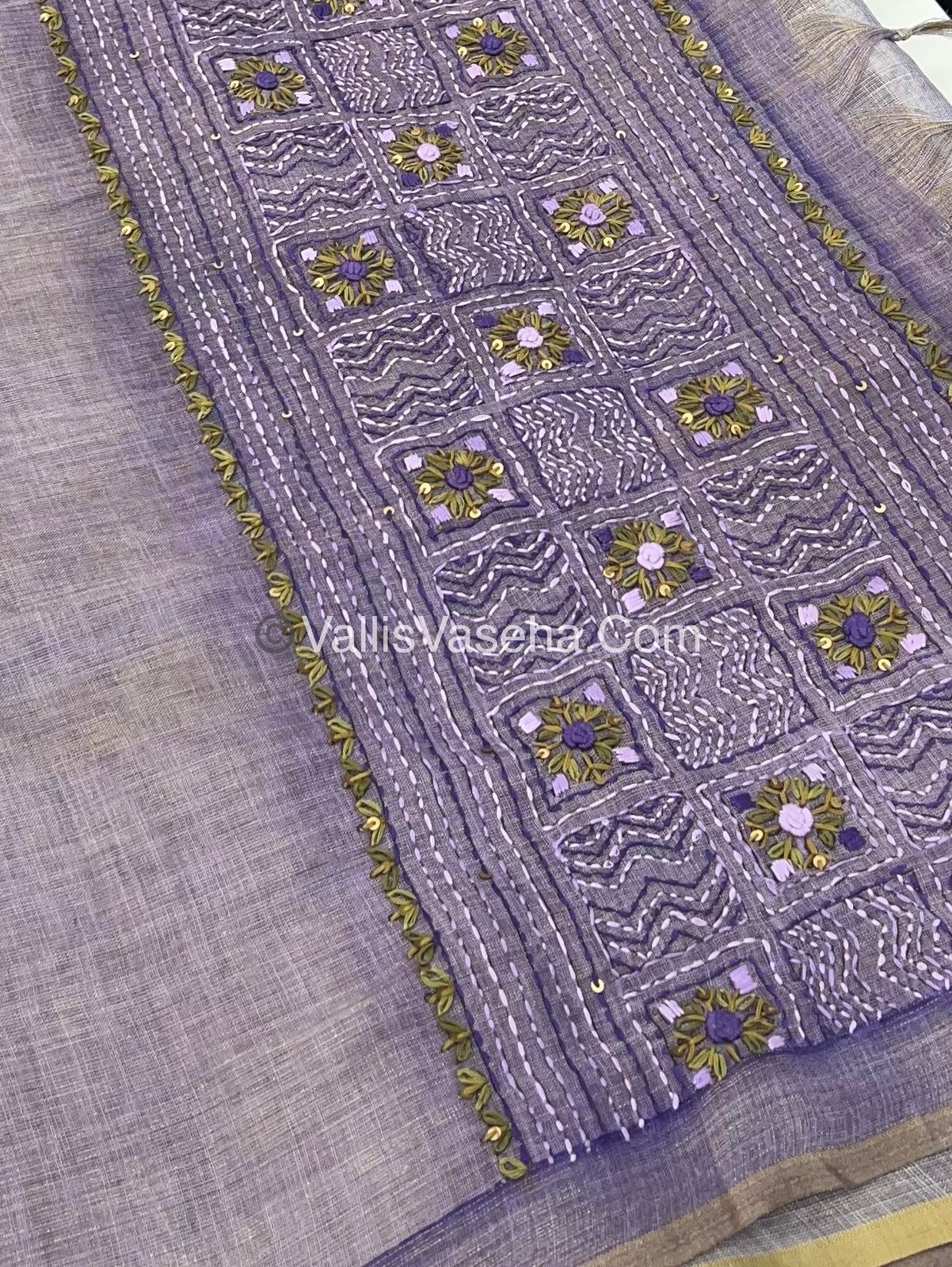 French Knot - Linen Tissue Saree - Lavendar Shade - VVLFN003