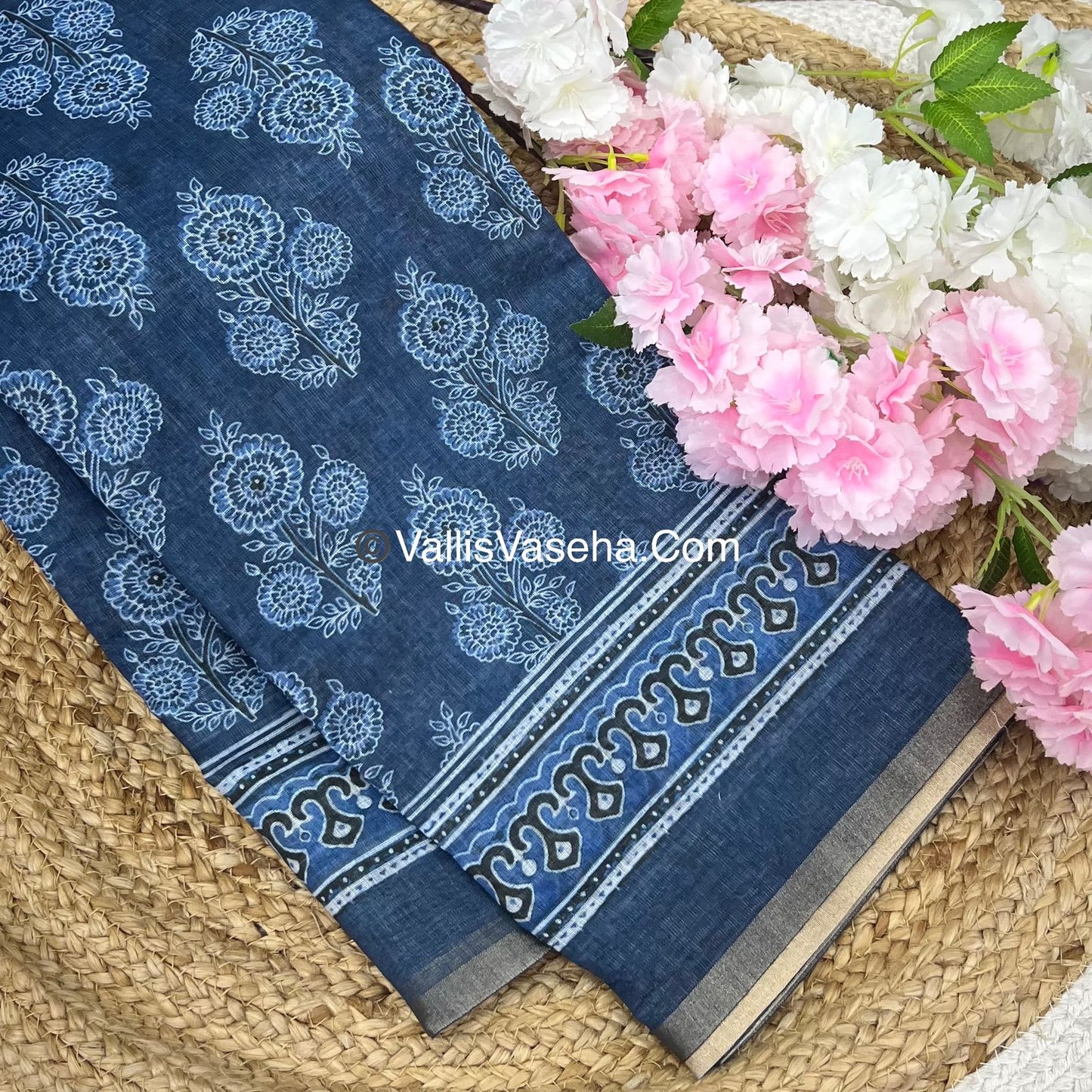 Linen Mixed Cotton Saree - Indigo Blue - Printed - VVLMP001