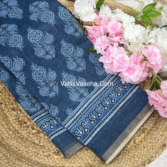 Linen Mixed Cotton Saree - Indigo Blue - Printed - VVLMP001