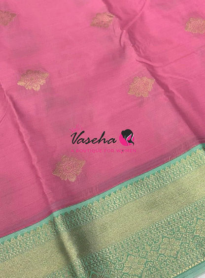 Semi Kanchi Silk  - Pink & Pista Green - VVSKS007
