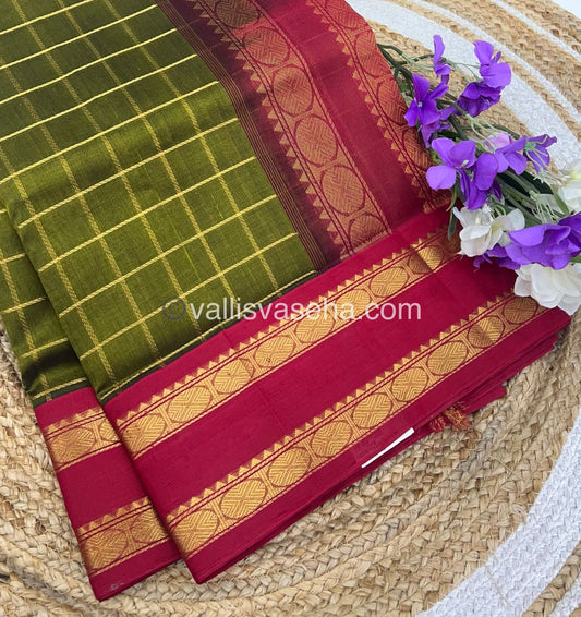 Pure Korvai Silk Cotton With Retta Petta Border - Checks pattern - Mehandi Green  & Red - VVKSC013