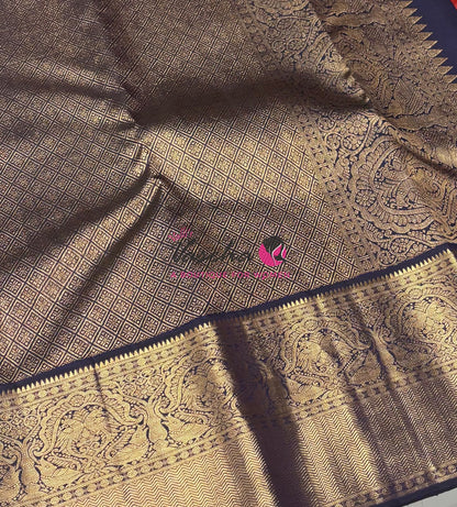 Pure Vintage Korvai Kanchipuram Silk Saree - Rust Pink & Navy Blue Combo - VVPS044