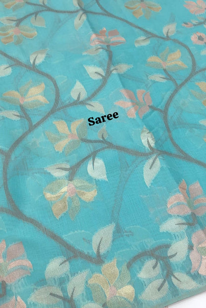 Semi Raw Silk with Jamdhani Design Weaving - Sea Blue Shade - VVRS001