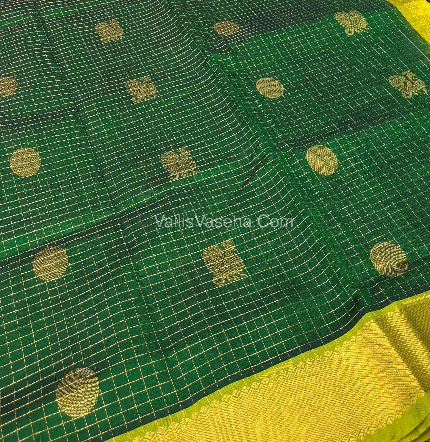 Pure Silk Cotton Saree - Mayil & Chakkaram Design - Green With Yellow Shade - VVMC002