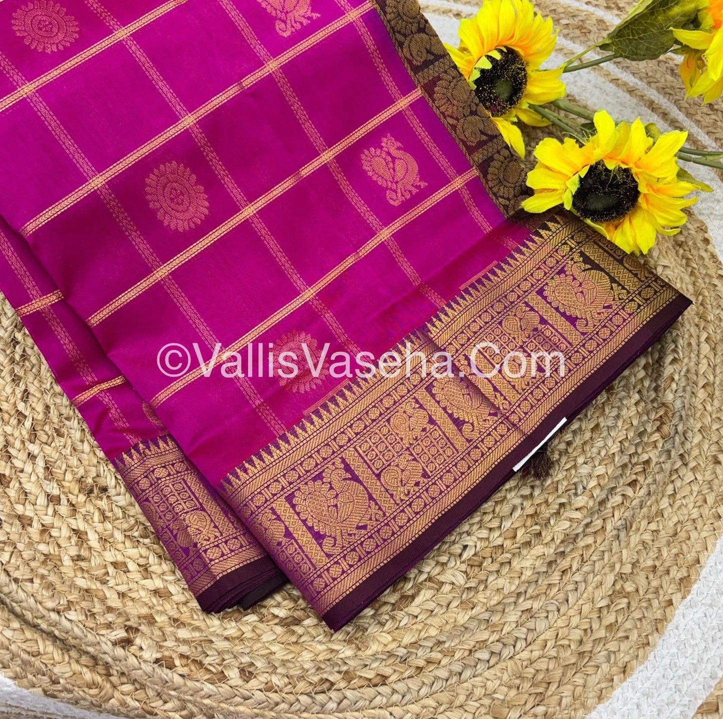Pure Silk Cotton Saree - Mayil & Chakkaram Design -  Pink With Brown Combo -VVMC003
