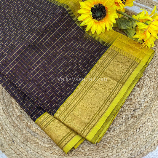 Pure Silk Cotton Saree - Brown with Lemon Yellowish Green - Lakshadeepam Design - VVPLD001