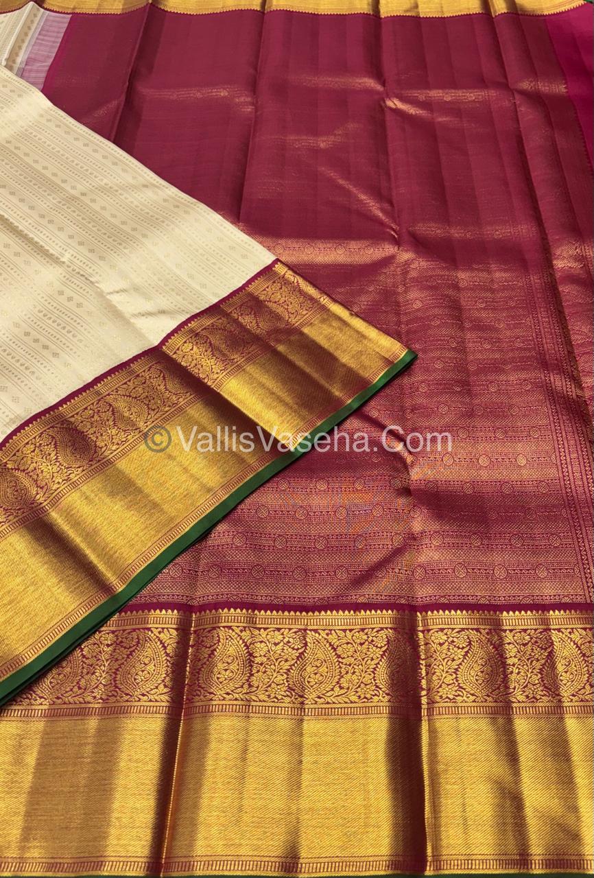 Pure Vintage Korvai Kanchipuram Silk Saree -Half White / Light Cream & Maroon Combo - VVPS038