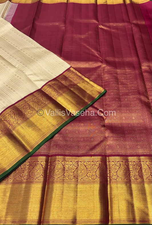 Pure Vintage Korvai Kanchipuram Silk Saree -Half White / Light Cream & Maroon Combo - VVPS038