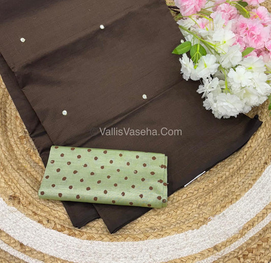Poly Silk Mixed Cotton - Mirror Work Embroidery - Brown with Green - VVPCM001