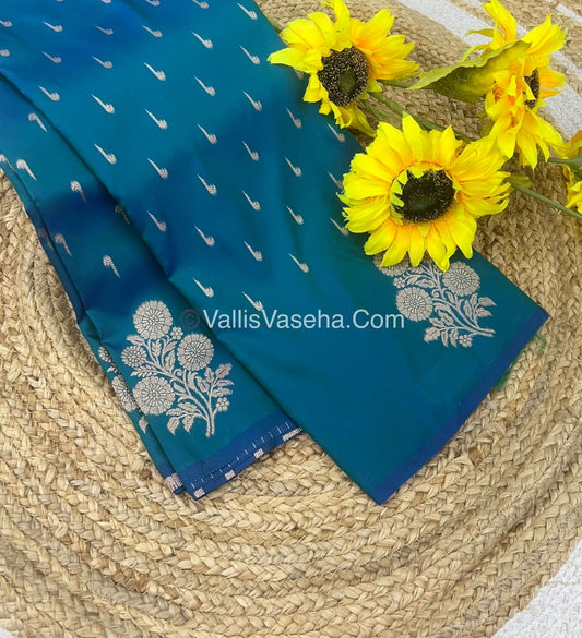 Semi Soft Silk - Flower  Butta Border - Peacock Blue Shade -VVSSS016