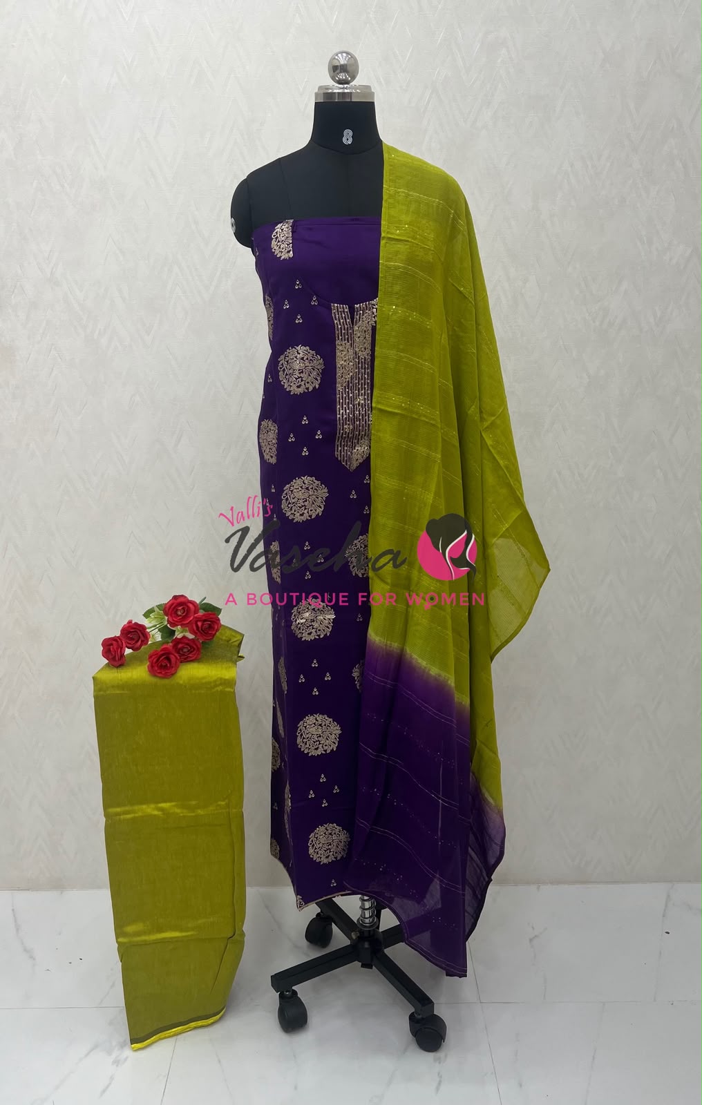 Unstitched Raw Silk Material  | Purple With Green | VVUSM046