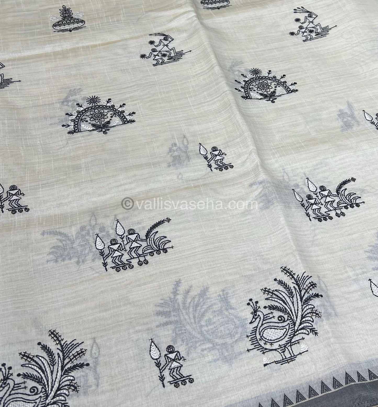 Semi Tussar Embroidery - Cream with Greyish Black Combo - VVSTE001