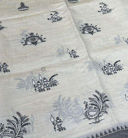 Semi Tussar Embroidery - Cream with Greyish Black Combo - VVSTE001