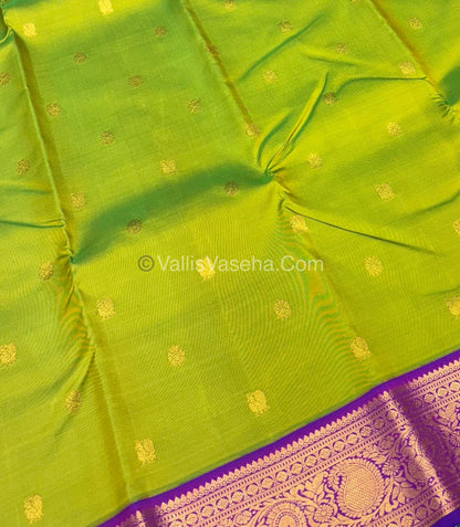 Pure Kanchipuram Silk Saree - Dual Tone Lemon Green with Purple Combo - VVPS021