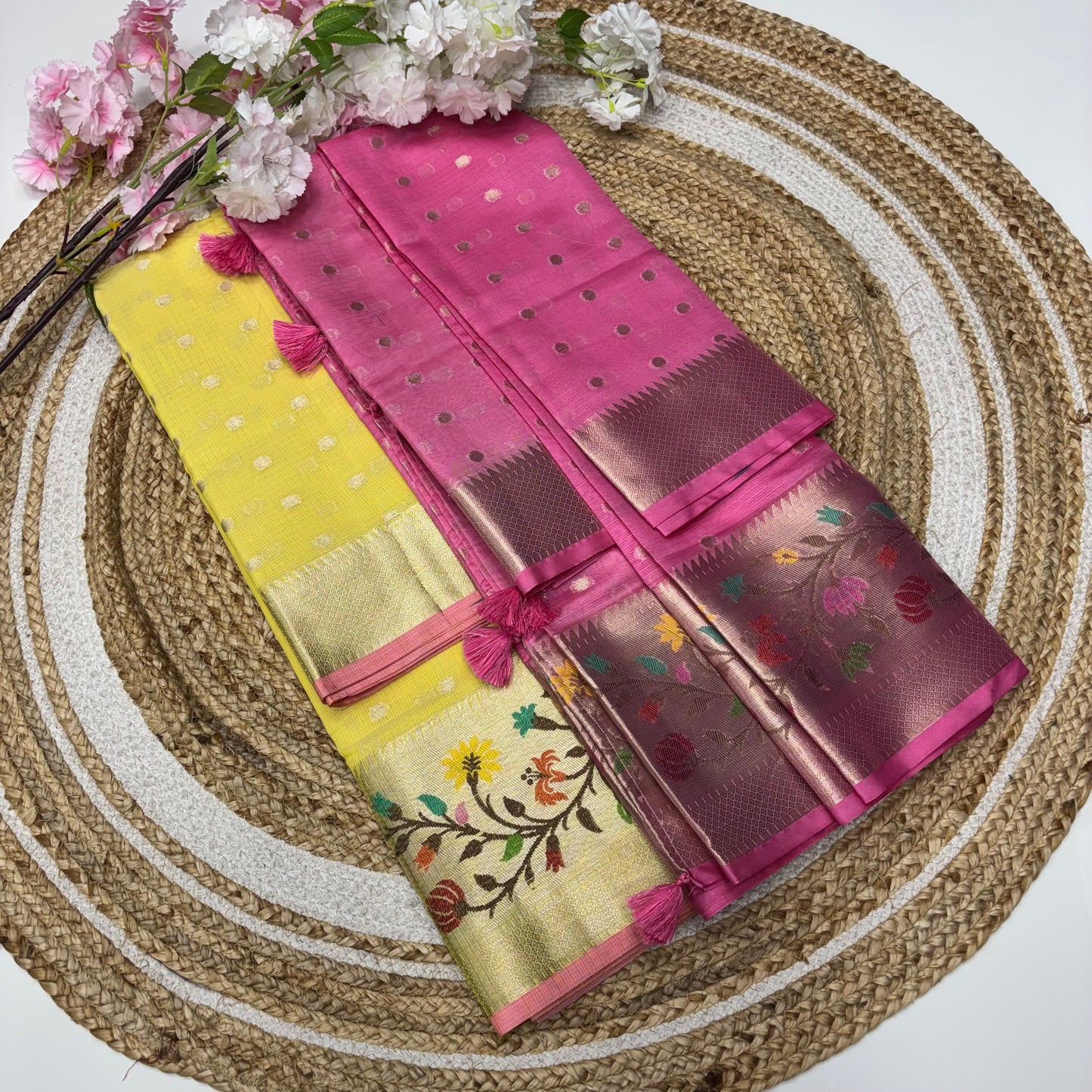 Unstitched - Lehenga Material - Zari Kota Tissue - Yellow & Pink - VVULM001