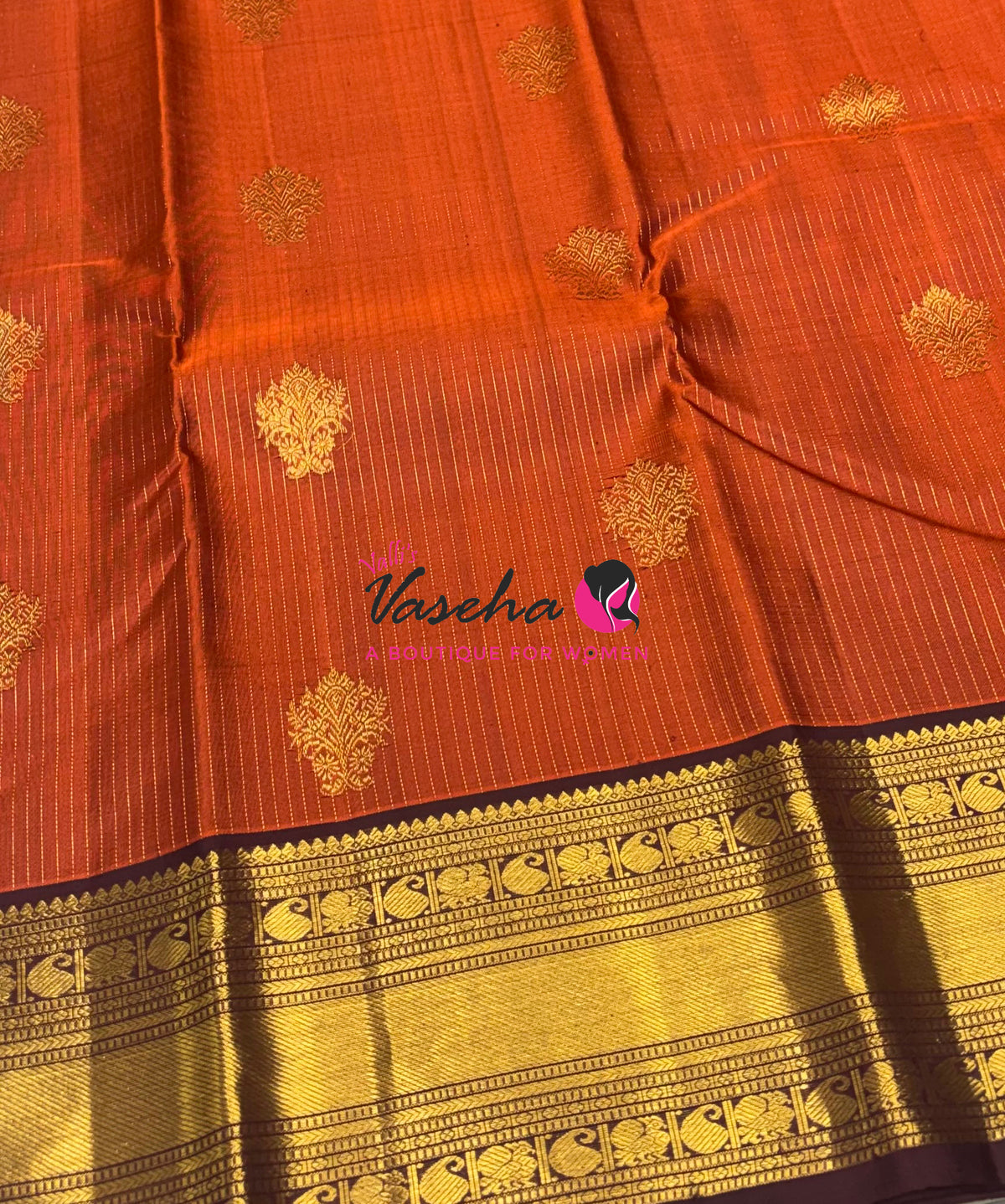 Pure Kanchipuram Silk Saree - Vairavoosi Design  - Orange With Wine Brown - VVPS059