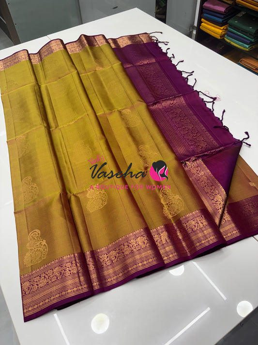 Pure Soft Silk Saree - Kanchi Border - Mustard Yellowish Green &  Purplish Pink  Combo - VVPSS015