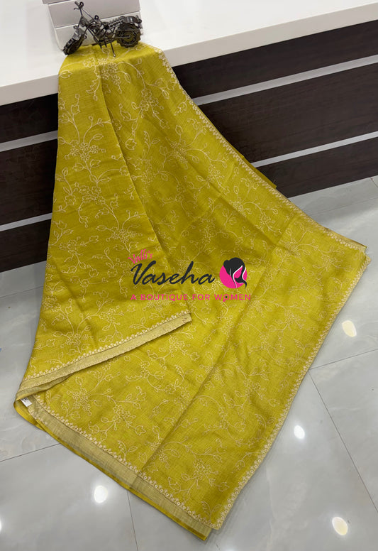 Linen Tissue Saree - Lemon Yellow Shade - VVLTS009