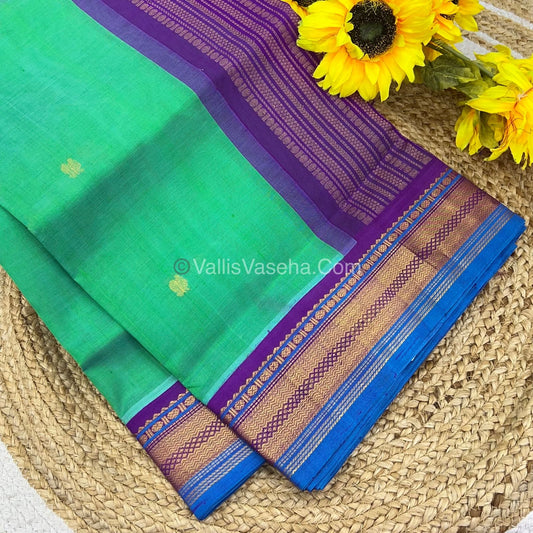 Pure Korvai Silk Cotton Saree - Sea Green with Purpe Combo - VVKSC004