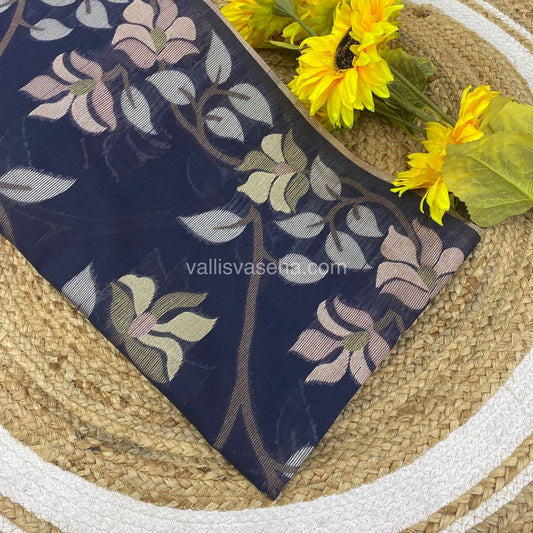 Semi Raw Silk with Jamdhani Design Weaving  - Navy Blue Shade - VVRS001
