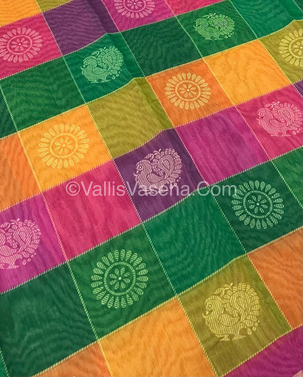 Semi Chanderi Saree -  Pazhum Pazhamum checks - VVSCS004