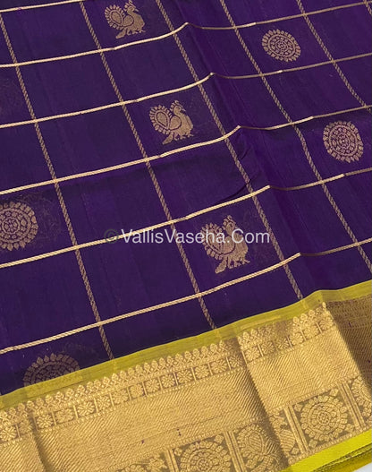 Pure Silk Cotton Saree - Mayil & Chakkaram Design - Dark Purple & Yellow - VVMC001