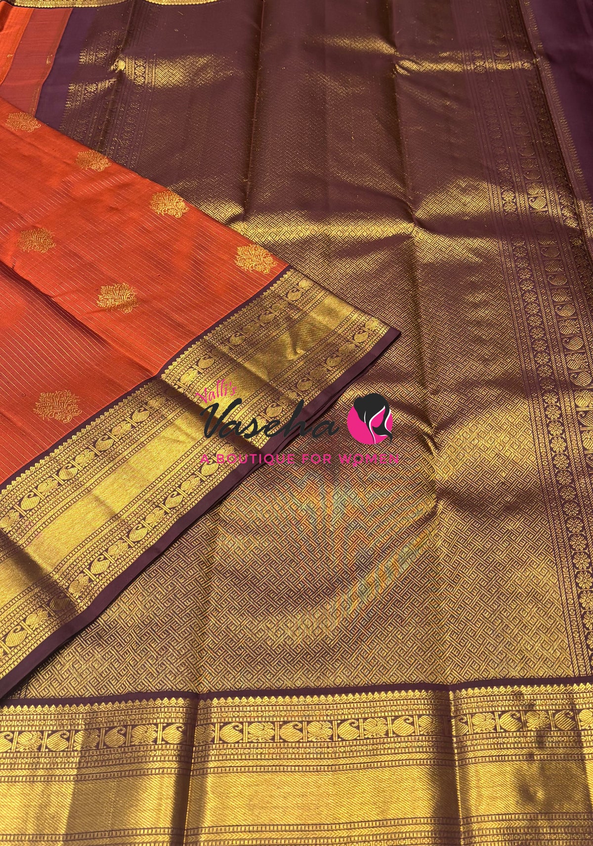 Pure Kanchipuram Silk Saree - Vairavoosi Design  - Orange With Wine Brown - VVPS059