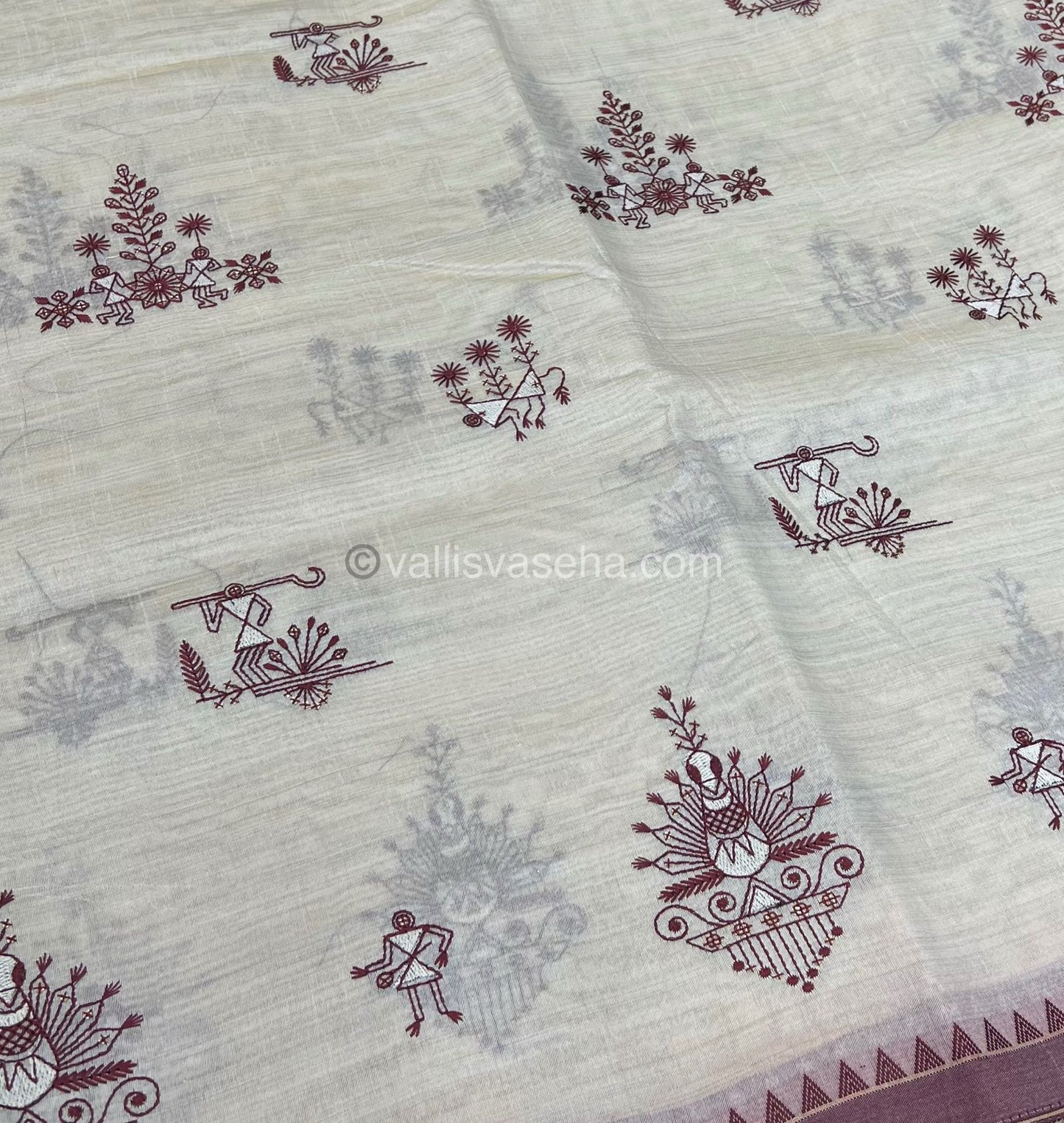 Semi Tussar Embroidery - Cream with Merun Combo - VVSTE001
