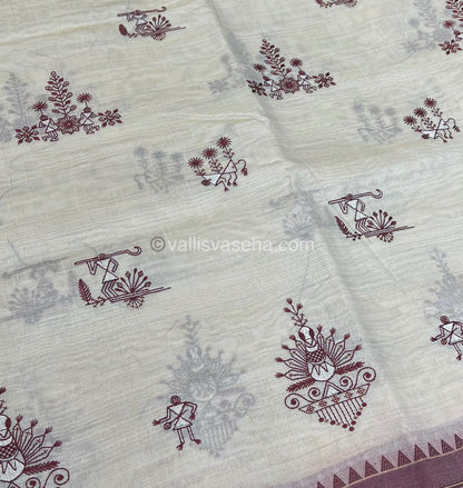 Semi Tussar Embroidery - Cream with Merun Combo - VVSTE001