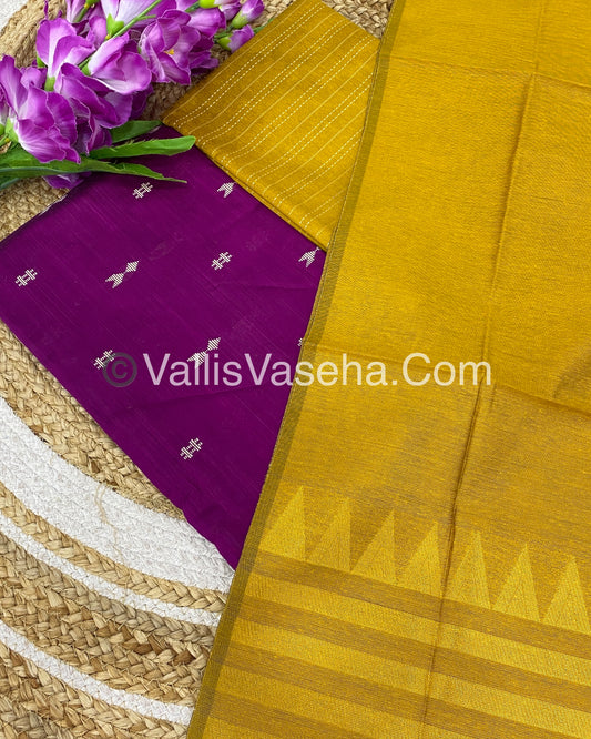 Unstitched Salwar Material -Raw Silk - Purple with Yellow Shade - VVUSM004