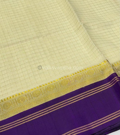 Pure Korvai Silk Cotton - Retta Petta Border - Cream( Half White )with Purple Combo - VVKSC010