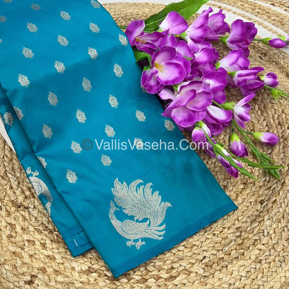 Semi Soft Silk - Peacock Butta Border - Turquoise blue Shade -VVSSS014